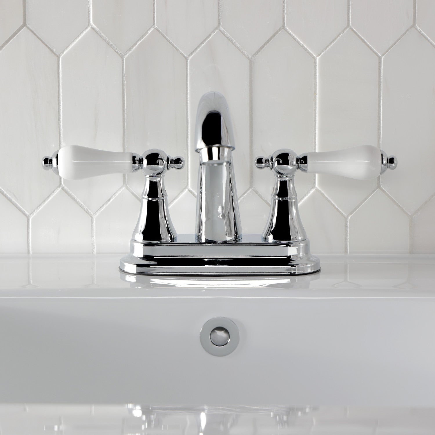 Kingston Tulare KS7611PL - English Vintage Double-Handle 3-Hole Deck Mount 4-Inch Centerset Bathroom Faucet with Brass Pop-Up, Polished Chrome — thumbnail 2